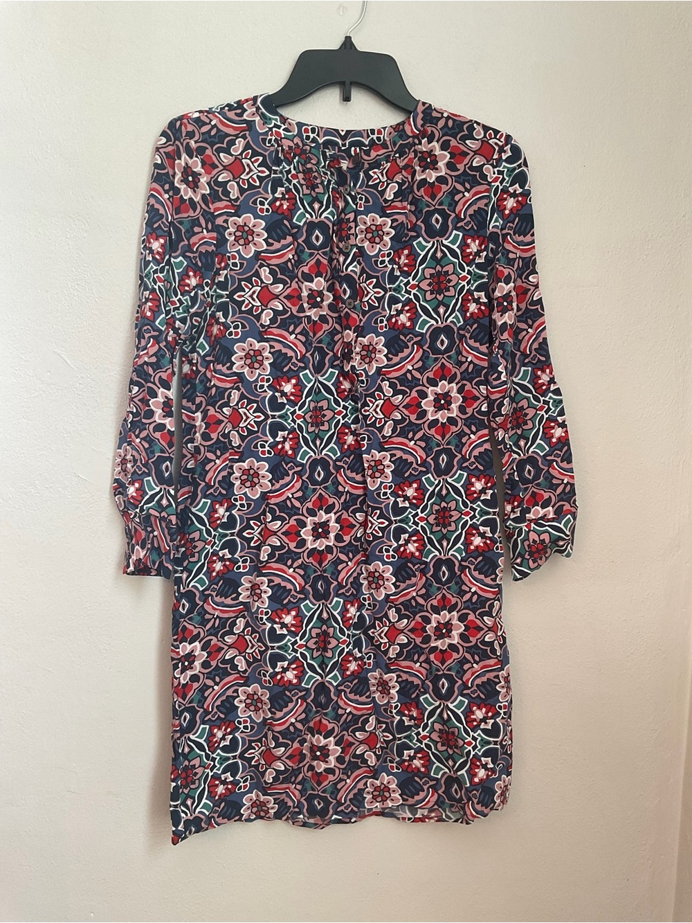 LOFT Floral Medallion Shift Dress 3/4 Sleeve Button Front XS